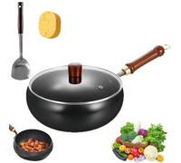 Oveallgo Japanese Iron Pan, Handmade Multifunctional Non-Accelerated Cooking Wok with Anti-Scratch Handle, Cookware 24/28 cm Diameter (24cm + Glass lid)