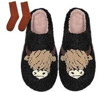Oveallgo Ladies Highland Cow Plush Scottish Highland Cow Animal Slippers Warm Home Indoor Slippers, black, 8/8.5 UK