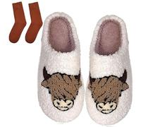 Oveallgo Ladies Highland Cow Plush Scottish Highland Cow Animal Slippers Warm Home Indoor Slippers, White, 6/7 UK