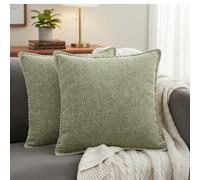 Oveesha 18x18 Pillow Covers Sage Green Set of 2 for Couch Pillows Decorative Stitched Border Soft Textured Cozy Light Olive Chenille Cushions Covers Modern Deco Covers for Sofa Couch Pillowcases