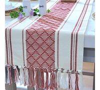 Oveesha Boho Dining Table Runner with Tassels 14 x 90 Inches, Rust Brown & Cream | Woven Washable Dresser Scarf for Bedroom | Farmhouse Long Table Top Cover | Console Table Runner with Fringe