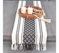 Oveesha Boho Table Runner with Tassel 14 x 72 Inches, Black & Cream | Woven Washable Dresser Scarf and Topper for Bedroom | Farmhouse Console Tabletop Centerpiece Decorations with Fringe.