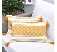 Oveesha Decorative Lumbar Pillow Cover with Boho Tassels Mustard Yellow 12x20 inch -Set of 2 / Small Rectangle Cushion Cover for Couch Sofa/Farmhouse Woven Pillow Case/Luxury Accent Cushion Cover