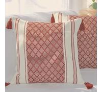 Oveesha Throw Pillow Cases 16x16 Rust Brown with Boho Tassels Set of 2 Checkered Striped Geometric Pattern Indoor/Outdoor/Decorative Thick Cushion Covers for Patio, Couch Sofa/Woven Pillow Covers