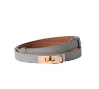 Ovekaut Women Skinny Leather Belt Solid Color Alloy Turn Lock Adjustable Waistband for Dresses Jeans Coats, Light Gray/ Gold, Adjustable