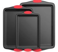 Oven Baking Tray 3pcs, Carbon Steel Non-Stick Kitchen Oven Baking Tray, Luxurious and Stylish, Non-Stick Inside and Outside, Baking Tray with Red Silicone Handle