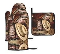 Oven Cowboy Black Hat Western Boots Print Mitts And Pot Holders 3pcs Set,Heat Resistant Waterproof Cooking Gloves For Bbq,Baking,Cooking