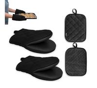 Oven Gloves, 4Pcs Oven Mitts and Pot Holders Set, Short Oven Mitts Silicone Kitchen Heat Resistant Oven Gloves for Baking Cooking and Grilling(Black)
