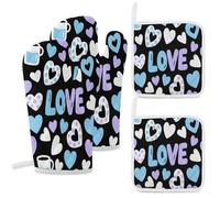 Oven Gloves And Potholders 4-piece Set Heat Resistant Black Heart Oven Gloves, Oven Glove Heat Resistant, Heat Resistant Glove Suitable for Baking, Kitchen, Outdoor Grilling, Camping