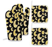 Oven Gloves And Potholders 4-piece Set Heat Resistant Cartoon Crescent Moon Pattern Oven Gloves, Oven Glove Heat Resistant, Heat Resistant Glove Suitable for Baking, Kitchen, Outdoor Grilling, Camping