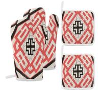Oven Gloves And Potholders 4-piece Set Heat Resistant Eight-Sided Lock Pattern Brocade Oven Gloves, Oven Glove Heat Resistant, Heat Resistant Glove Suitable for Baking, Kitchen, Outdoor Grilling, Camp