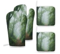 Oven Gloves And Potholders 4-piece Set Heat Resistant Forest in The Fog Oven Gloves, Oven Glove Heat Resistant, Heat Resistant Glove Suitable for Baking, Kitchen, Outdoor Grilling, Camping