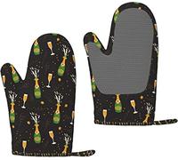 Oven Gloves Champagne Bottles And Glasses Silicone Oven Mitts Anti-Slip Cooking Gloves,Heat Resistant Baking Mitts A Pair