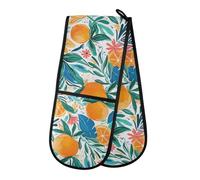 Oven Gloves Double Oven Gloves Orange Leaves Lemon Oven Mitts Pot Holder Heat Resistant Quilted for BBQ Baking Kitchen Cooking Gloves