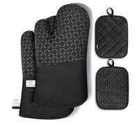 Oven Gloves Heat Resistant Pot Holders 4Pcs Set - Oven Mitts Heat Resistant up to 300°C, Non-Slip Silicone Oven Gloves for Home Essentials, Cooking, Baking, Kitchen, BBQ, Black