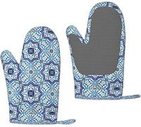 Oven Gloves Moroccan Portuguese Style Classic Tiles Silicone Oven Mitts Anti-Slip Cooking Gloves,Heat Resistant Baking Mitts A Pair