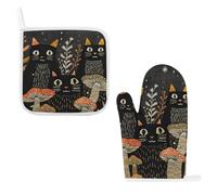 Oven Gloves Two Piece Oven Mitts Pot Holders Washable Cats And Mushrooms Printed for Grilling Cooking Baking Kitchen Microwave Pizza