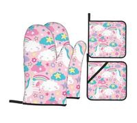 Oven Mitts and Pot Holder Set of 4 Rainbow White Unicorn Oven Gloves with Lanyard Oven Mitt for Kitchen Heat-Resistant Hot Pads BBQ Gloves for Cooking Baking