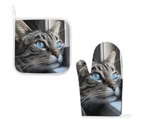 Oven Mitts and Pot Holders 2PCS Set Heat Resistant Thick Blue Eyed Cat Potholders & Oven Gloves with Soft Cotton Lining Non-Slip Kitchen Essentials, Hot Pad Mat for Cooking Baking BBQ