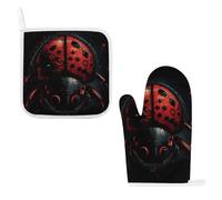 Oven Mitts and Pot Holders 2PCS Set Heat Resistant Thick Cartoon Ladybug Potholders & Oven Gloves with Soft Cotton Lining Non-Slip Kitchen Essentials, Hot Pad Mat for Cooking Baking BBQ