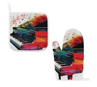 Oven Mitts and Pot Holders 2PCS Set Heat Resistant Thick Colorful Piano Keyboard Potholders & Oven Gloves with Soft Cotton Lining Non-Slip Kitchen Essentials, Hot Pad Mat for Cooking Baking BBQ