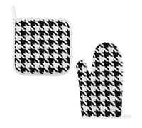 Oven Mitts and Pot Holders 2PCS Set Heat Resistant Thick Houndstooth Black Potholders & Oven Gloves with Soft Cotton Lining Non-Slip Kitchen Essentials, Hot Pad Mat for Cooking Baking BBQ