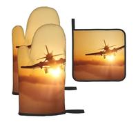 Oven Mitts And Pot Holders 3 Pcs Set - Aircraft Plane At Sunset - Insulated Microwave Oven Mitts And Cooking Mitts, Anti-Skid Oven Gloves Set With Hot Pads, For Cooking, Baking, Grilling
