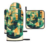 Oven Mitts and Pot Holders 3 pcs Set Cooking Glove Green and Beige Drawing Oven Mitt Heat Resistant Oven Glove for Cooking Kitchen Oven Gloves Non-Slip Oven Mittens for Microwave Baking BBQ