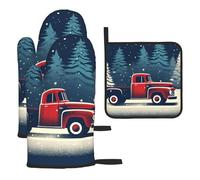 Oven Mitts and Pot Holders 3 pcs Set Heat Resistant Potholders Red Truck and Christmas Tree Silicone Oven Glove Non-Slip Oven Mittens Hot Pad for Cooking Baking BBQ