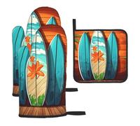 Oven Mitts and Pot Holders 3 pcs Set Heat Resistant Potholders Surfboard on Wooden Silicone Oven Glove Non-Slip Oven Mittens Hot Pad for Cooking Baking BBQ