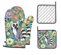 Oven Mitts and Pot Holders 4 pcs Set Heat Resistant Potholders Animals Lemur Flowers Pattern Silicone Oven Glove Non-Slip Oven Mittens Hot Pad for Cooking Baking BBQ