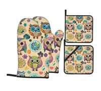Oven Mitts and Pot Holders 4 pcs Set Heat Resistant Potholders Color owl pattern Silicone Oven Glove Non-Slip Oven Mittens Hot Pad for Cooking Baking BBQ