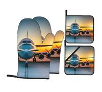 Oven Mitts and Pot Holders Aircraft Plane at Sunsets Print Gloves for Cooking Baking Grilling Kitchen (4-Piece Set)