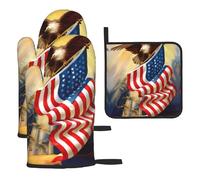 Oven Mitts And Pot Holders American Usa Flag Eagle Art Potholders Non-Slip Kitchen Mitts Soft Pot Holders For Microwave Cooking Baking 3Pcs