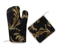 Oven Mitts and Pot Holders Black and Gold Kitchen Oven Glove Pot Holders Sets Heat Resistant Oven Gloves and Hot Pads Cute Oven Mitts for Cooking Grilling