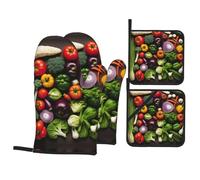 Oven Mitts and Pot Holders Introduction of various vegetables Print Gloves for Cooking Baking Grilling Kitchen (4-Piece Set)