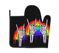 Oven Mitts And Pot Holders Lgbt Rainbow Gay Pride Flag Rock Skeleton Skull Gesture Kitchen Essentials Pot Holders Cotton Lining Gloves With Placemat For Cooking Microwave Cooking Loves Set Of 2