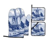 Oven Mitts And Pot Holders Nederland Cute Vintage Dutch Windmill Delft Blue Gloves With Placemat Kitchen Essentials Oven Gloves Heat Resistant Potholders For Cooking Microwave Bbq Set Of 4