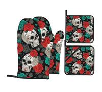 Oven Mitts And Pot Holders Retro Halloween Sugar Skulls With Roses Gloves With Placemat Kitchen Essentials Kitchen Mitts Heat Resistant Oven Gloves For Microwave Cooking Loves Baking Set Of 4