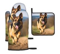 Oven Mitts and Pot Holders Set 3 pcs Kitchen Oven Glove Running German Shepherd Dog Oven Mitt Heat Resistant Oven Glove for Cooking Non-Slip Cooking Gloves Washable Potholders for Baking BBQ
