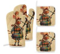 Oven Mitts and Pot Holders Set 4 Pcs Kitchen Oven Glove Cartoon Scottish Bagpipe Oven Mitt Heat Oven Glove for Cooking Non-Slip Gloves Washable Potholders