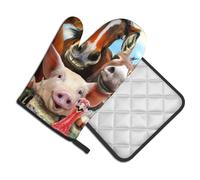 Oven Mitts and Pot Holders Set of 2 Pcs, Farm Animals Printed Heat Resistant Kitchen Gloves Potholders for Cooking Baking Grilling