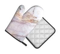 Oven Mitts and Pot Holders Set of 2 Pcs, Pink White Marble Pattern Printed Heat Resistant Kitchen Gloves Potholders for Cooking Baking Grilling