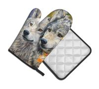 Oven Mitts and Pot Holders Set of 2 Pcs, Wolf Animals Printed Heat Resistant Kitchen Gloves Potholders for Cooking Baking Grilling