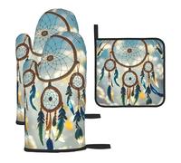 Oven Mitts and Pot Holders Set of 3 Heat Resistant Kitchen Ovens Glove Native American Dream Catcher Oven Mitt Non-Slip Ovens Gloves for Cooking BBQ Baking