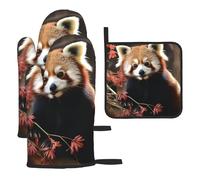Oven Mitts and Pot Holders Set of 3 Heat Resistant Kitchen Ovens Glove Red Pandas Oven Mitt Non-Slip Ovens Gloves for Cooking BBQ Baking