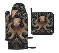 Oven Mitts and Pot Holders Set of 3 Heat Resistant Non-Slip Kitchen Gloves Hot Pads Giant Octopus Oven Mitts Kitchen Mittens Gloves Non-Slip Potholders for Cooking Baking Grilling BBQ