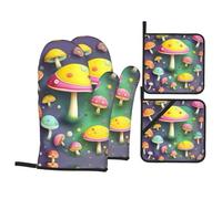 Oven Mitts and Pot Holders Set of 4 - Colorful Dream Mushroom Kitchen Essential Gloves Dining Table Protection Pads