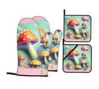 Oven Mitts and Pot Holders Set of 4 - Dreamy Little Mushroom Kitchen Essential Gloves Dining Table Protection Pads