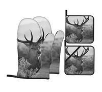 Oven Mitts And Pot Holders Set Of 4 Grey Deer Pattern Baking Mittens Soft Cotton Lining Oven Gloves Heat Resistant Kitchen Mitts, For Grill, Bbq, Baking